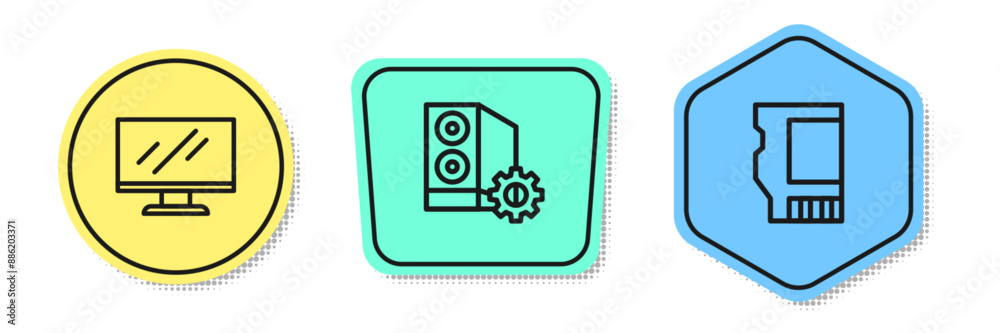 Poster set line computer monitor screen, case of computer and sd card. colored shapes. vector