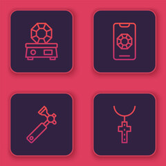 Set line Gem stone, Jewelers lupe, Jewelry online shopping and Christian cross chain. Blue square button. Vector