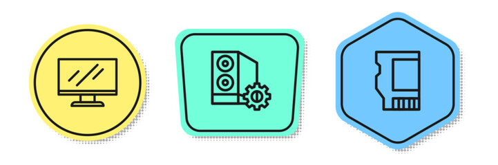 Set line Computer monitor screen, Case of computer and SD card. Colored shapes. Vector