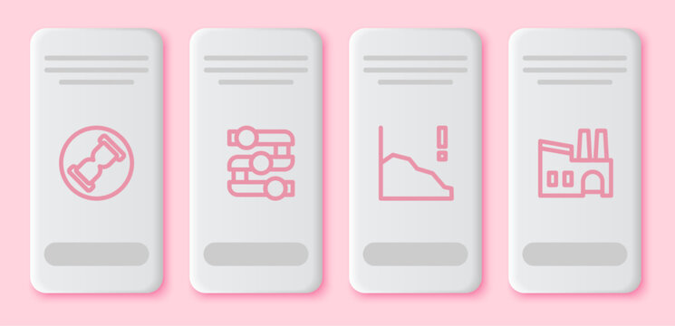 Set line Old hourglass with sand, Graph, chart, diagram, Financial growth decrease and Factory. White rectangle button. Vector