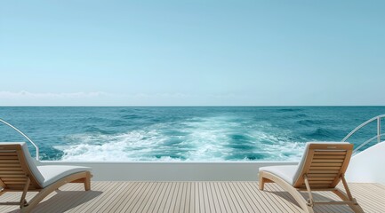 Fototapeta premium Luxury yacht sundeck with sun loungers, view of the ocean. Sailing fast with sea spray, blue sky, yachting holiday. 