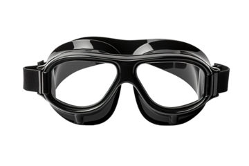 Black Motorcycle Goggles With Clear Lenses for Safe Riding on a White or Clear Surface PNG Transparent Background.