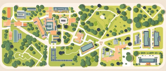 A map of a park with a large green area and a white building