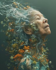Elderly person sparking memories with bursting photos, showcasing recollection power