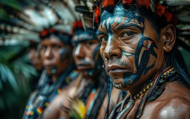 Obraz premium A group of indigenous people from the Amazon, adorned in traditional attire and face paint, stand together, their faces painted in intricate designs