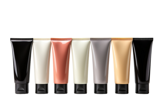 A Row of Colorful Cosmetic Tubes on a White Background on a White or Clear Surface PNG Transparent Background.