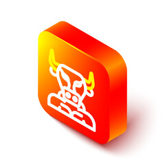 Isometric line Minotaur icon isolated on white background. Mythical greek powerful creature the half human bull legendary minotaur from cretan labyrinth. Orange square button. Vector