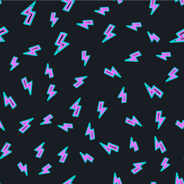 Line Lightning bolt icon isolated seamless pattern on black background. Flash sign. Charge flash icon. Thunder bolt. Lighting strike. Vector