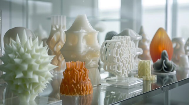 Printed objects from a 3D printer, created by hardening liquid resins with light.