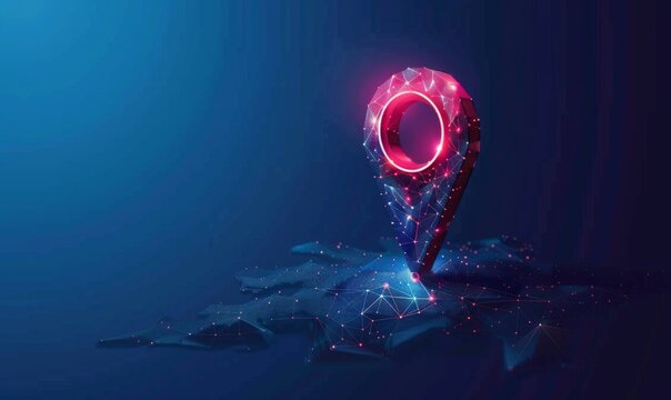 Gps, location sign in futuristic abstract style on blue background. Gps navigator pin. Map pointer sign. Route navigator. Polygon vector wireframe concept. Low poly, mesh art