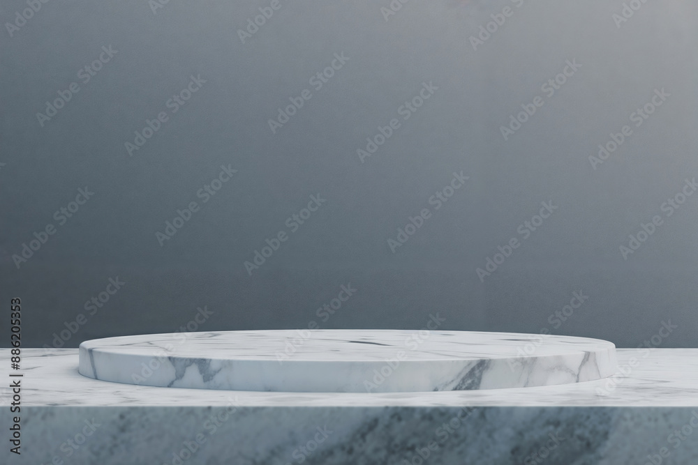 Poster empty round marble podium on gray background for product placement