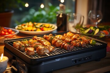 Skewers of meat and vegetables in baking dish on table