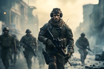 Navy Special forces soldiers in action on war foggy day