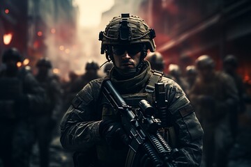 Navy Special forces soldiers in action on war foggy day