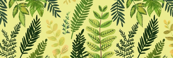 Watercolor illustration of green leaves on a yellow background