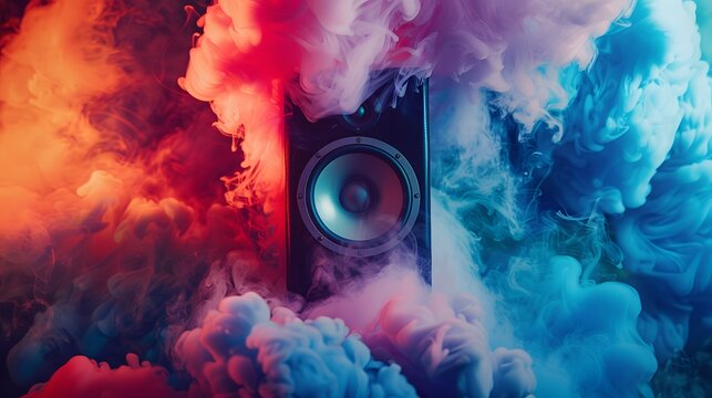 One speaker in a smoke blaze of color, Pop Art style, vibrant smoke colors, bold lighting, detailed pop elements