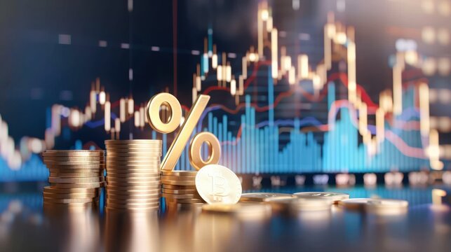A golden percent icon and stack of coins on stock market graph showing budget concept