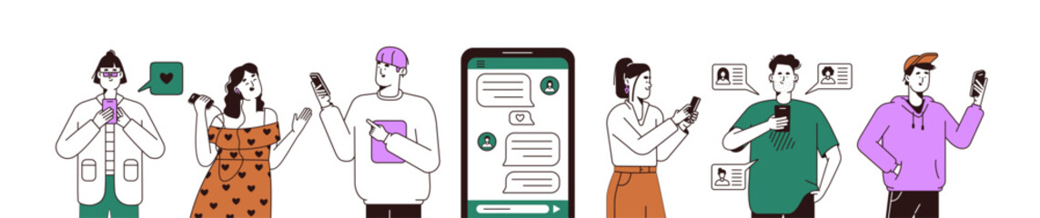 People communicate with smartphones set. Men and women texting messages in social media with mobile phones. Characters with cellphones, telephones. Flat isolated contour vector illustrations on white