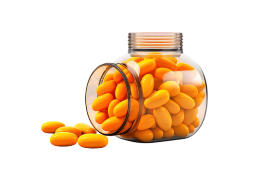 A Glass Jar Overflowing With Shiny Orange Pills Against a Pristine White Background on a White or Clear Surface PNG Transparent Background.