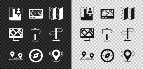 Set Folded map with location marker, Gps device, Route, Compass, Map pin, Monitor and Road traffic sign icon. Vector