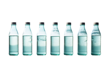 A Row Of Seven Green Glass Bottles Filled With Clear Liquid, Reflecting Sunlight On A White Background on a White or Clear Surface PNG Transparent Background.