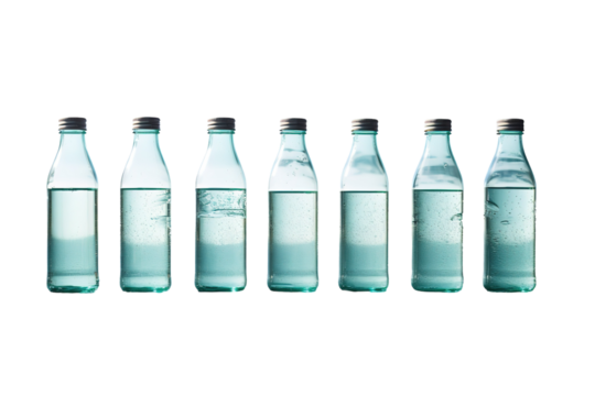A Row Of Seven Green Glass Bottles Filled With Clear Liquid, Reflecting Sunlight On A White Background on a White or Clear Surface PNG Transparent Background.