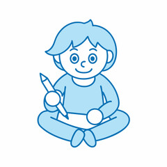 An outline-only illustration of a child sitting with a pen in one hand, ready to draw or write.