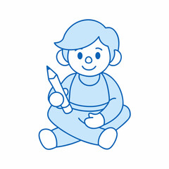 An outline-only illustration of a child sitting with a pen in one hand, ready to draw or write.