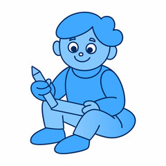 An outline-only illustration of a child sitting with a pen in one hand, ready to draw or write.