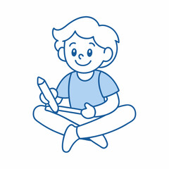An outline-only illustration of a child sitting with a pen in one hand, ready to draw or write.