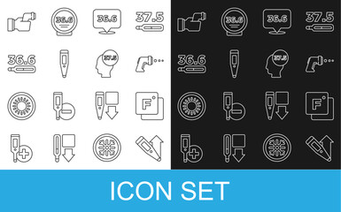 Set line Digital thermometer, Fahrenheit, Medical, Checking body temperature and High human icon. Vector