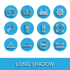 Fototapeta premium Set line Tourist tent, Man hat with ribbon, Suitcase, Location SOS, Museum building, Sunscreen cream tube, Lifebuoy and Lighthouse icon. Vector