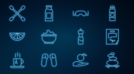 Set line Stack hot stones, Leaf document, Eye sleep mask, Sea salt in bowl, Citrus fruit, Cotton swab for ears, Bottle of water and with milk icon. Vector