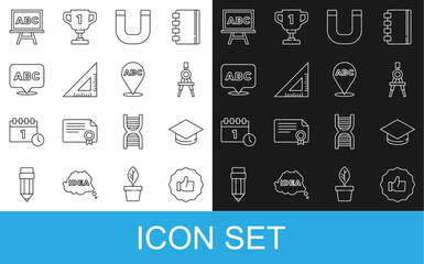 Set line Hand thumb up, Graduation cap, Drawing compass, Magnet, Triangular ruler, Alphabet, Chalkboard and icon. Vector