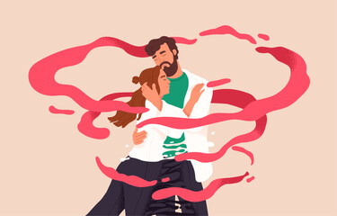 Fall in love couple hugs. Concept of tenderness in romantic relationships. Man and woman embrace to expression feeling. Two enamored lovers, valentines intimate cuddle. Flat vector illustration