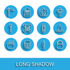 Set line Halloween witch cauldron, Skull, Scythe, Knife, crossbones, Witch hat and Candy icon. Vector