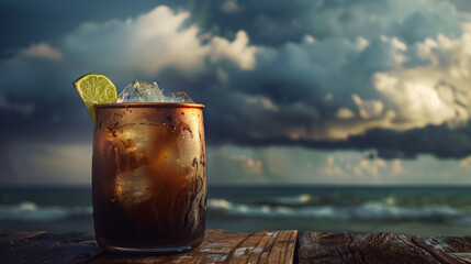  a dark and stormy cocktail, featuring dark rum and ginger beer, garnished with a lime wedge, served in a rustic copper mug on a wooden table with a stormy sky backdrop