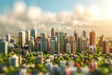 Miniature city basking in the warm glow of the sun, with buildings of various sizes and green spaces