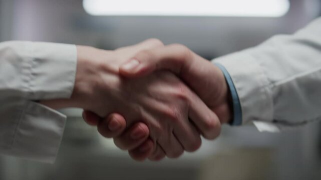 Closeup slowmo of hands of anonymous professional doctors in lab coats shaking hands and making deal in modern clinic, blurred background