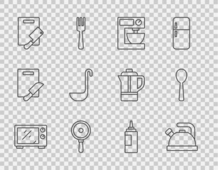 Set line Microwave oven, Kettle with handle, Electric mixer, Frying pan, Cutting board meat chopper, Kitchen ladle, Sauce bottle and Spoon icon. Vector