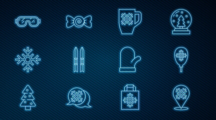 Set line Snowflake, Balloons with snowflake, Coffee cup, Ski and sticks, goggles, Christmas mitten and Candy icon. Vector
