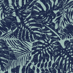 Tropical palm monstera leaves silhouette foliage wallpaper abstract vector seamless pattern for fabric shirt short print towel tablecloth cloth grunge effect in separate layer © PrintingSociety