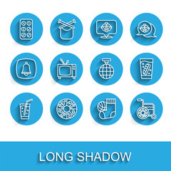 Set line Glass with water, Vitamin pill, Pills blister pack, Socks, Wheelchair, Retro tv, False jaw glass and Disco ball icon. Vector