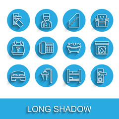 Set line Hotel room bed, Shower, Digital door lock, Telephone handset, Interior fireplace and Bathtub icon. Vector