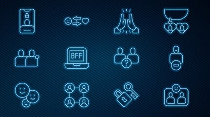 Set line Friends forever, Loss of friend, Informal greeting, BFF best friends, Incoming call on mobile, Complicated relationship and Romantic icon. Vector