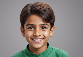Portrait view of a regular happy smiling Pakistan boy, ultra realistic, candid, social media, avatar image, plain solid background