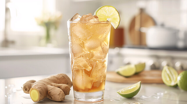 a ginger ale in a tall glass with ice, garnished with a slice of fresh ginger and a lime wedge, set on a bright kitchen counter