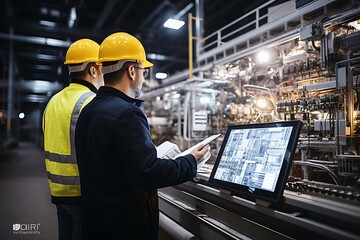 Two engineers working in a factory. They are looking at the tablet.