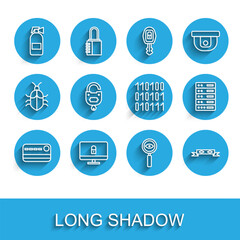 Set line Credit card, Lock on computer monitor, Fire extinguisher, Magnifying glass Search, Thief eye mask, and key, Server, Data, Web Hosting and Binary code icon. Vector