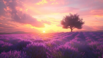 Sunset over Lavender Field with Solitary Tree